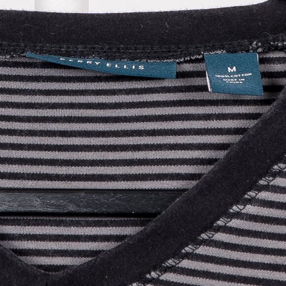 Perry Ellis Mens Shirt M VNeck Long Sleeve Striped Black Gray Cotton Contrast - Picture 4 of 5